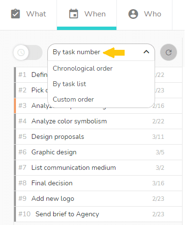 Sort the tasks of your project by numbers with the option on the When view of the project.