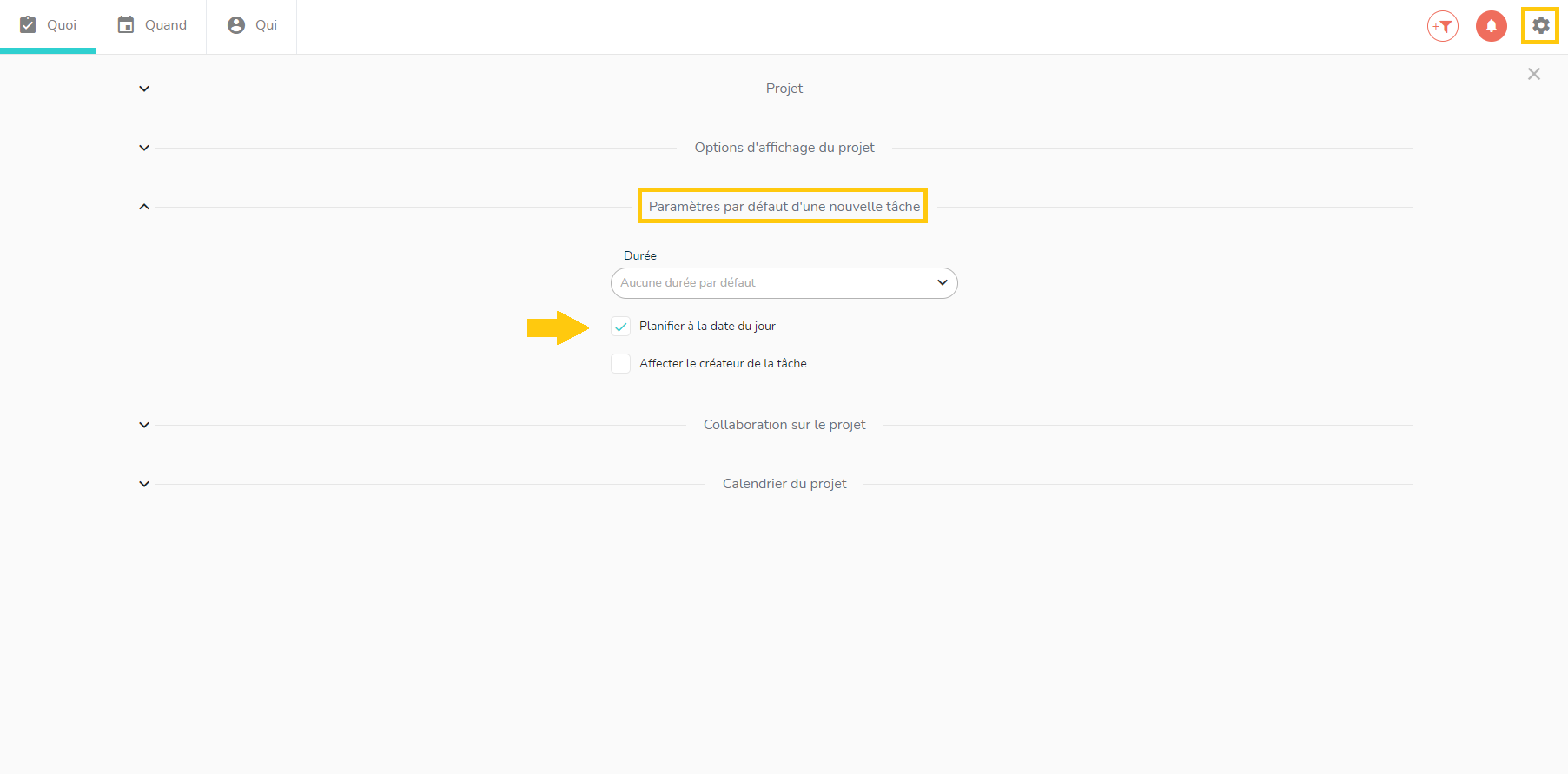 Options de création de tâche par défaut