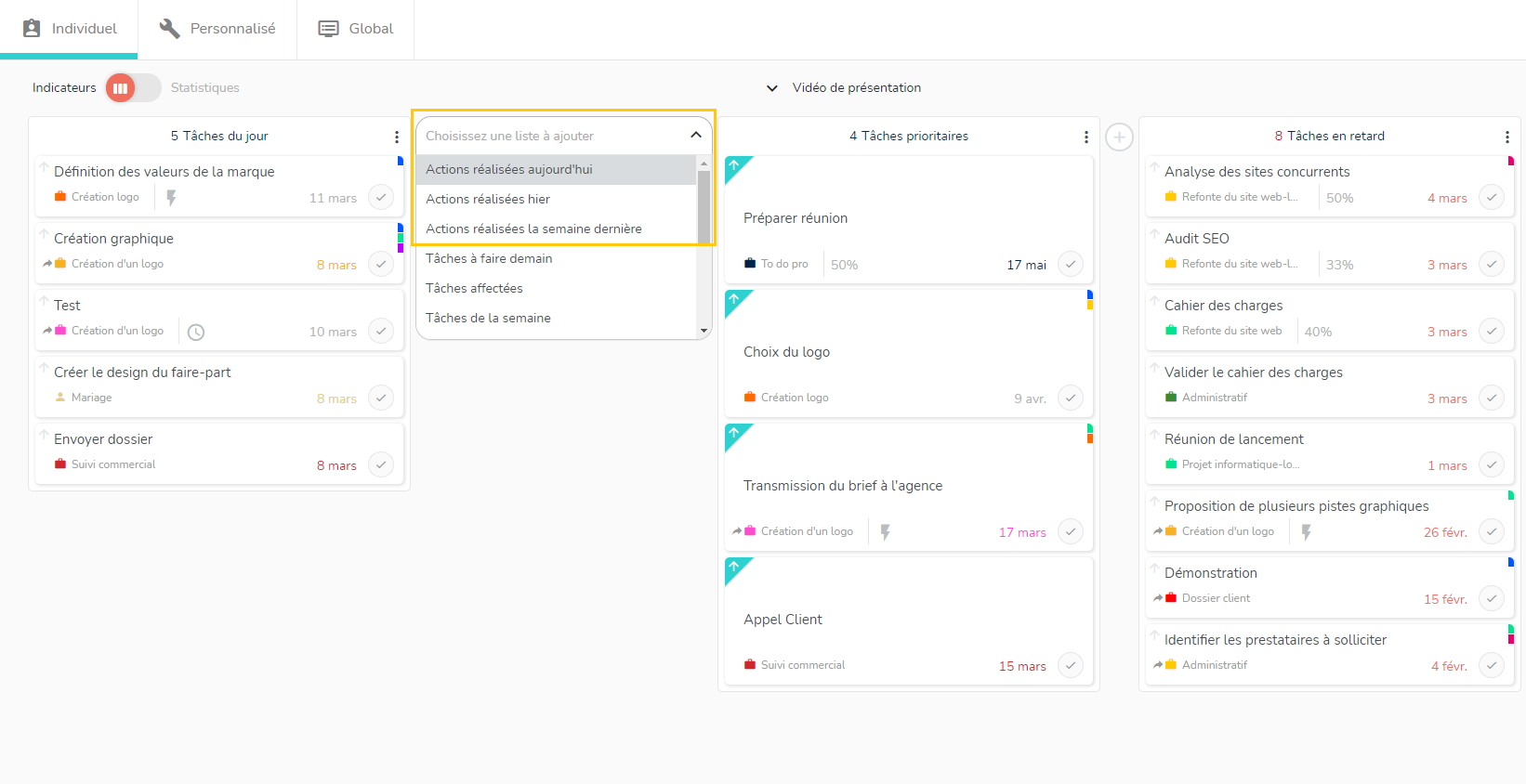 Suivi des actions dans les tableaux de bord individuel et personnalisé