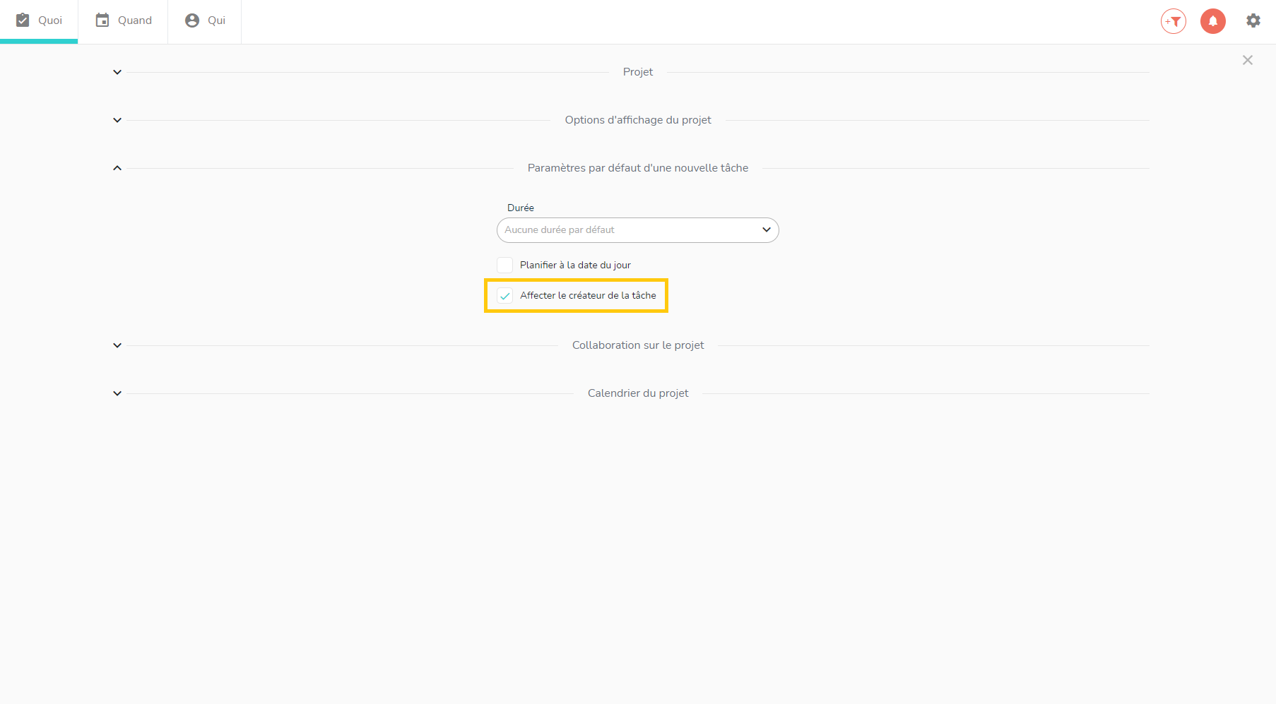Option créateur de la tâche affecté par défaut