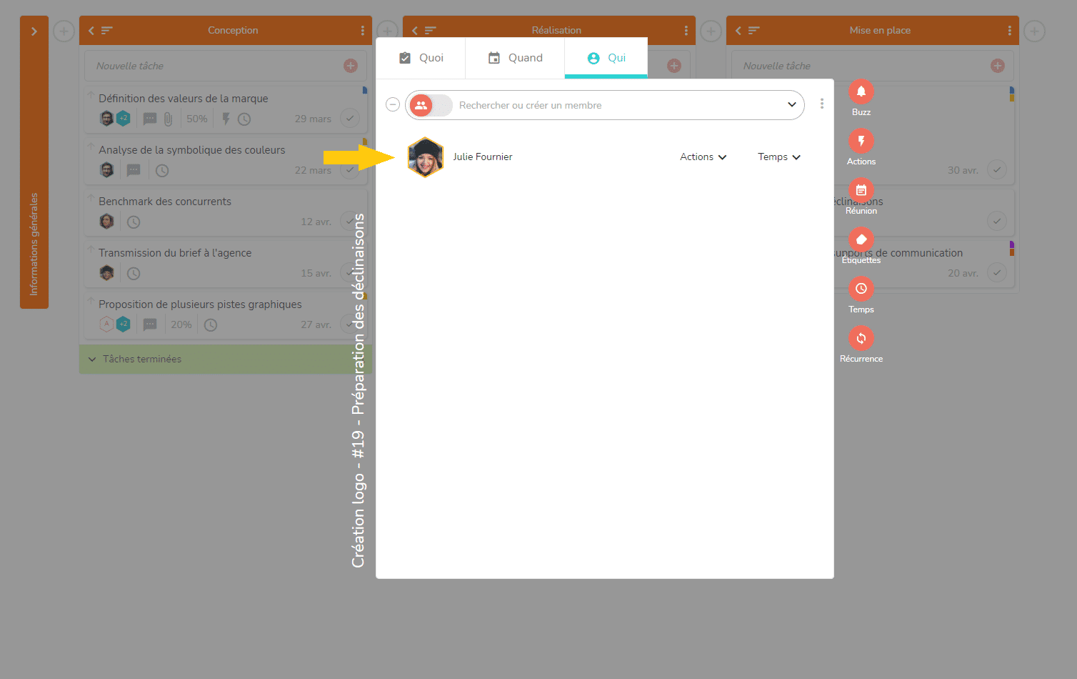 Onglet Qui de la tâche avec créateur affecté