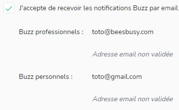 Adresses alternatives définies pour la réception des buzz.