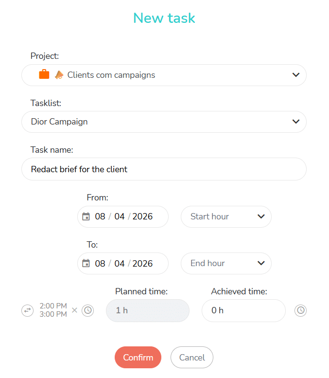 Pop up window for the creation of a task from the agenda