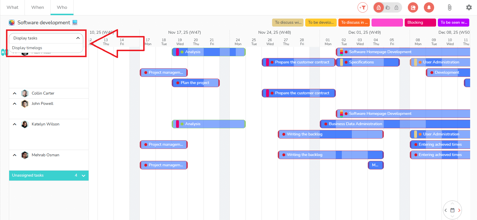 How to choose between display tasks or display timelogs in the who view