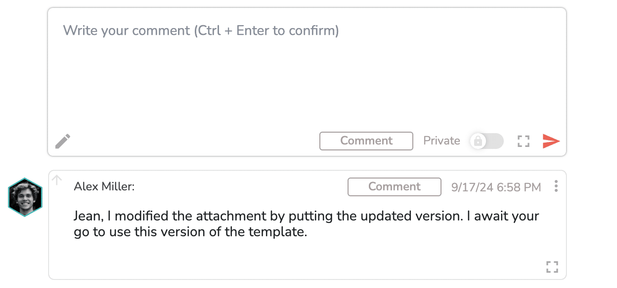 Comment zone in the What tab of the task