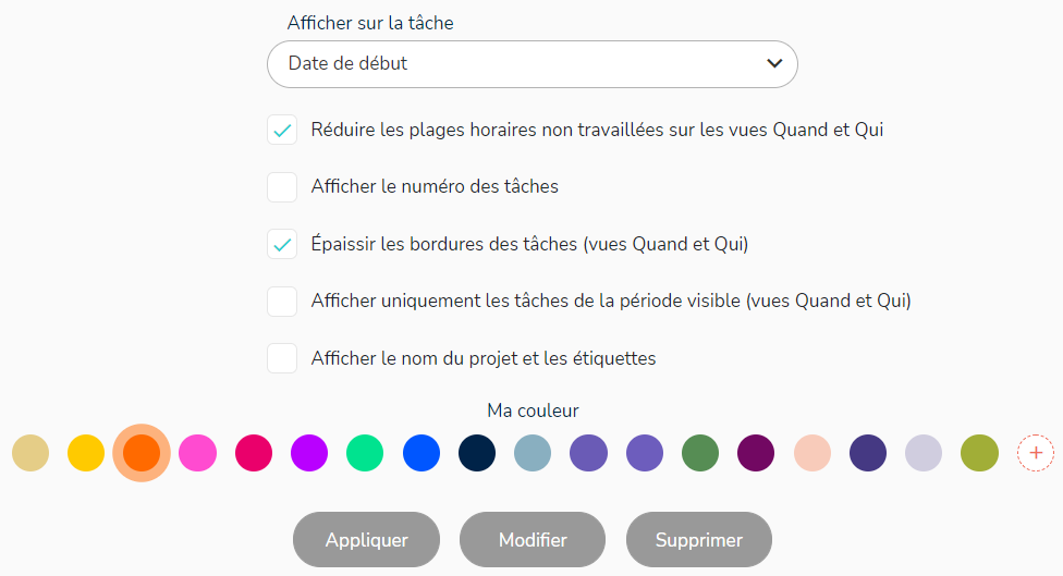 Options d'affichage du projet