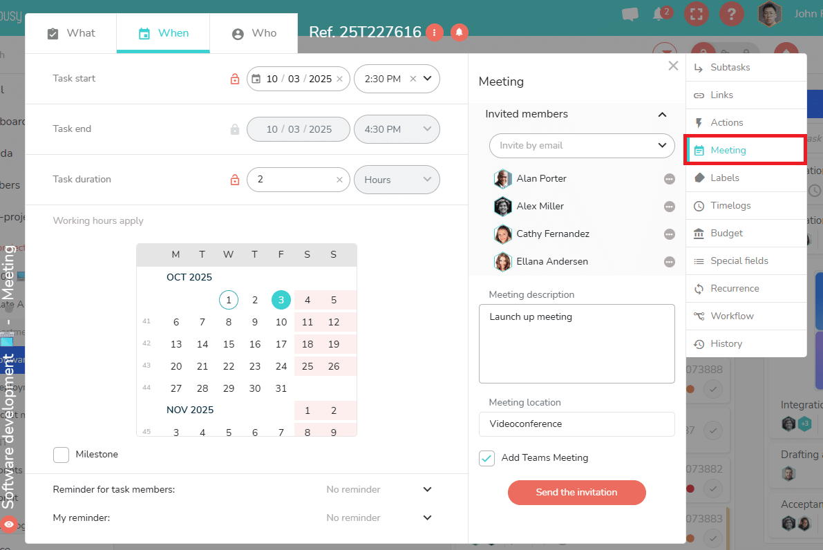 Side panel of the task to create a meeting