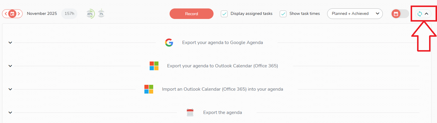 Button opening a planel to manage the synchronization of the agenda