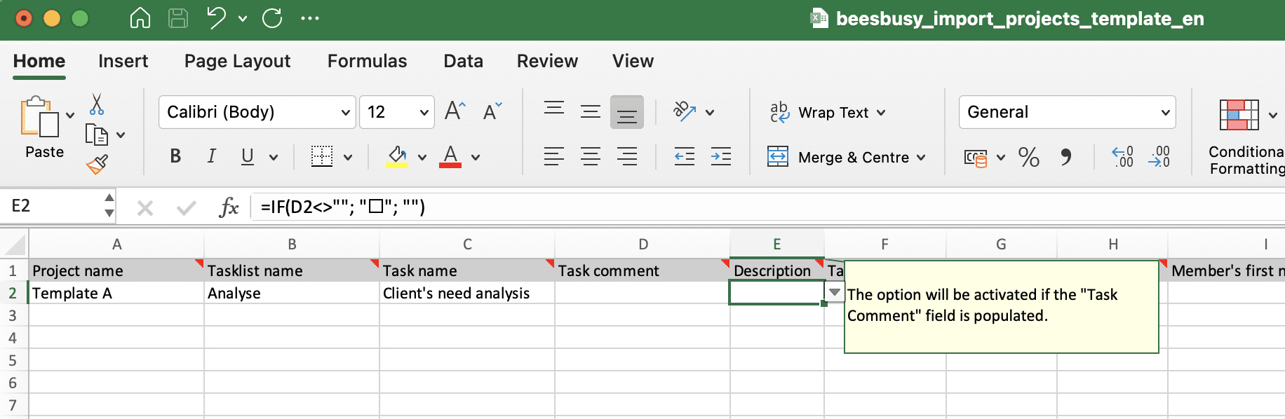 Instructions to help the user importing his excel template