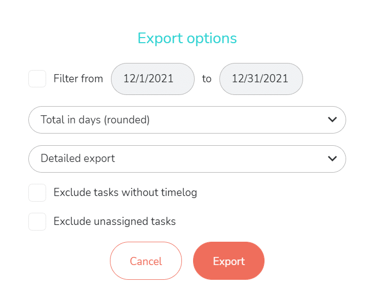 Export options time tracking