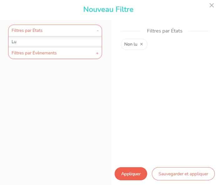 Filtre permettant de sélectionner certains types de notifications.