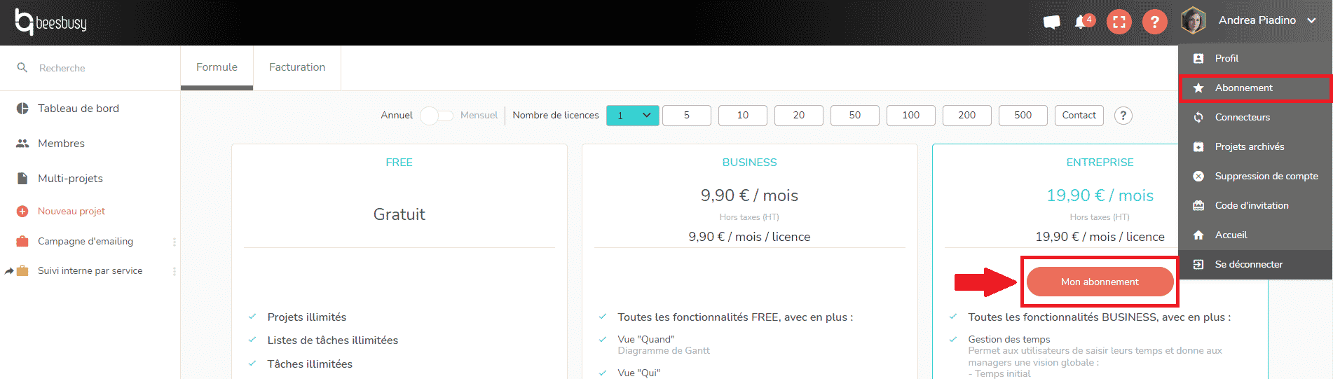 Cliquer sur Abonnement pour le gérer