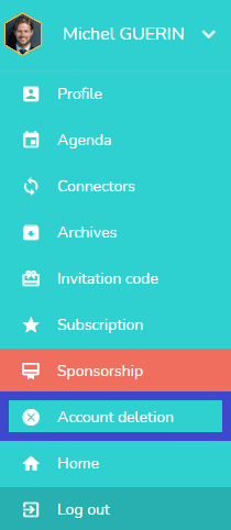 Drop-down menu allowing to request the deletion of the account