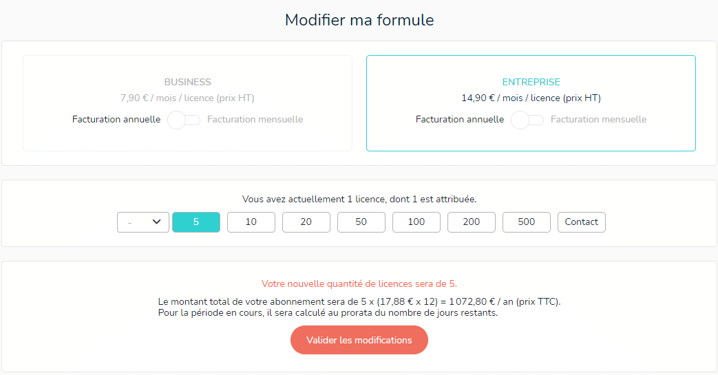 Fenêtre de modification de la formule d'abonnement