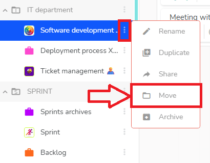 Menu of the project allowing to move the project to a folder