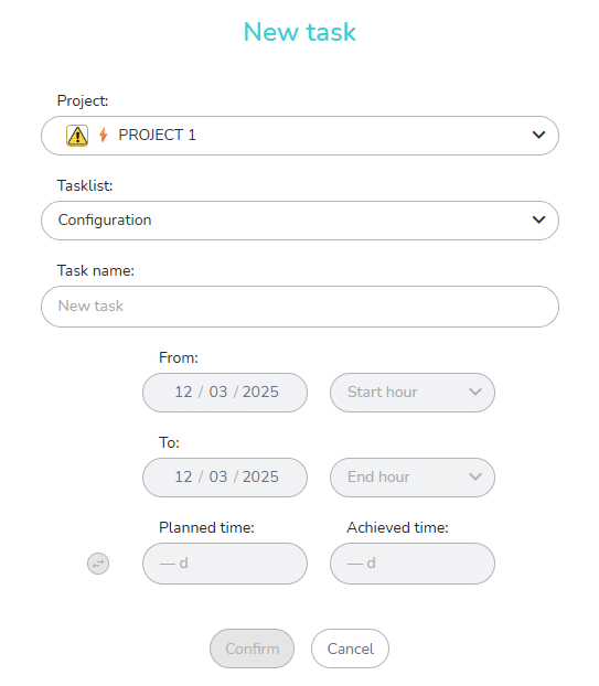 Window allowing you to create new task from various views of Beesbusy