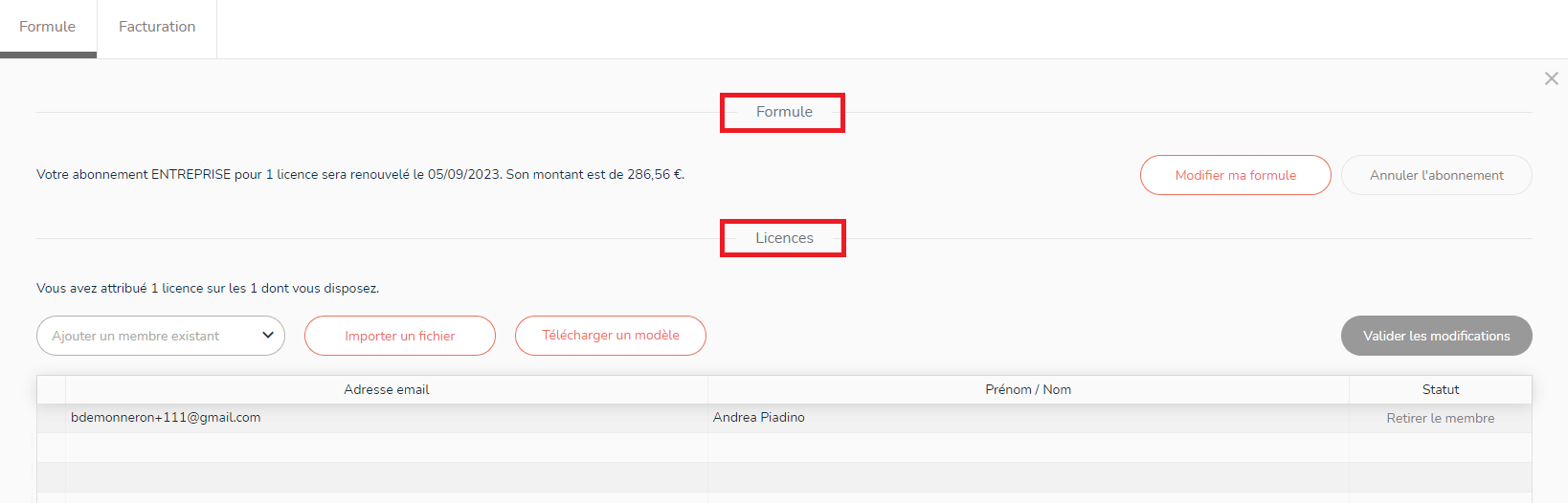 Sections de la gestion de l'abonnement