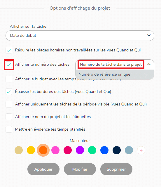 Options d'affichage projet - affichage numéro de la tâche dans le projet
