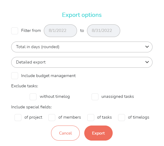 Export options pop up