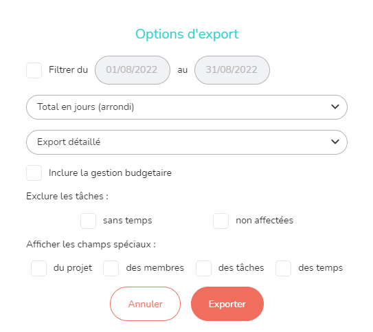 Pop up des options d'export