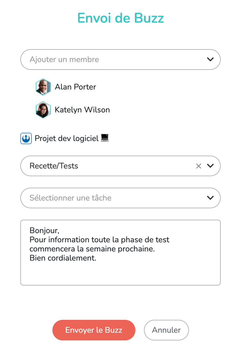 Fenêtre d'envoi de buzz depuis le projet
