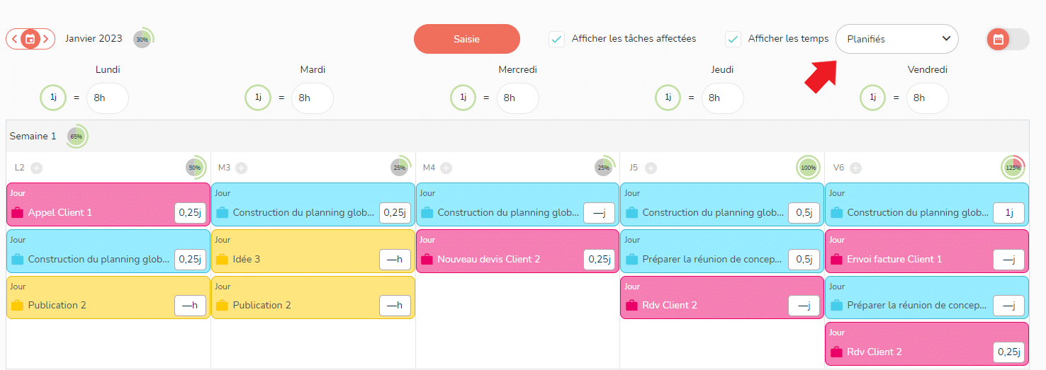 Vue de des temps planifiés de l'agenda d'un utilisateur