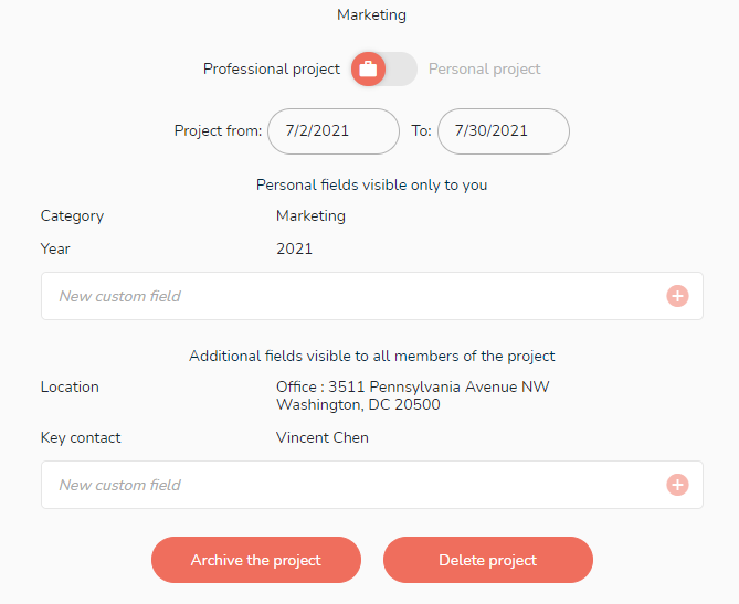 All the main information of the project in its settings.