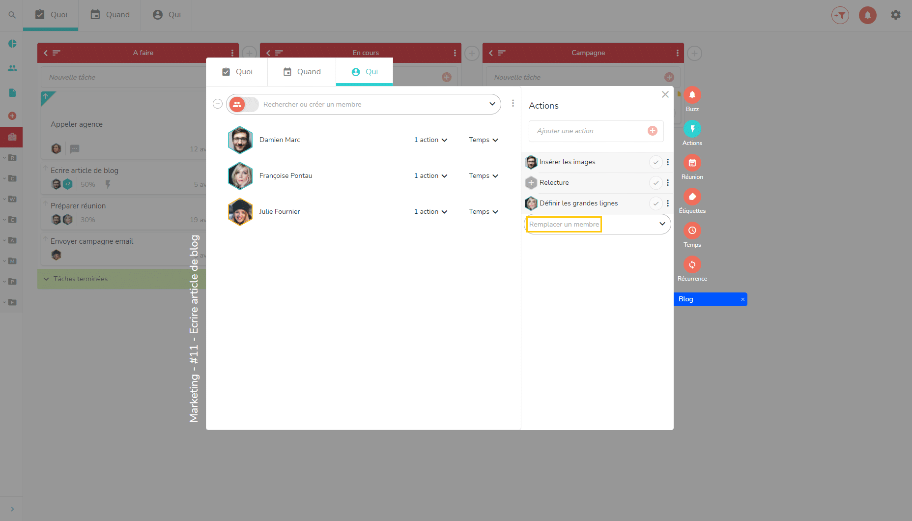 Modifier l'affectation d'un membre sur une action dans la vue Qui
