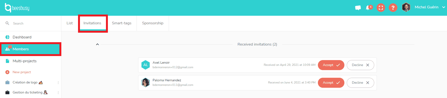 Members and invitation tab