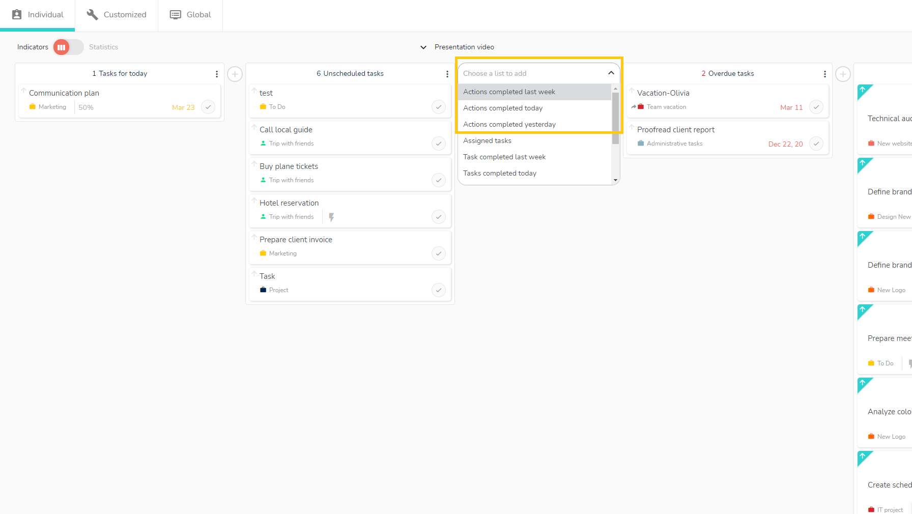 Indicateurs de suivi des actions réalisées dans les tableaux de bord