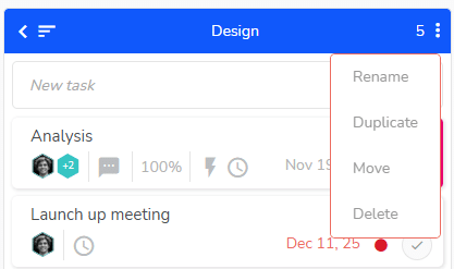 Menu of the task list
