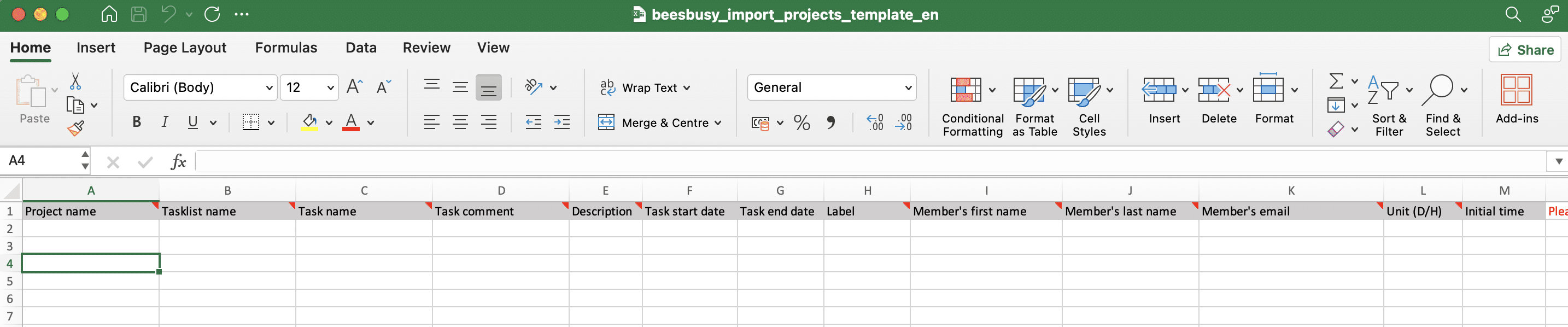 Template excel importation