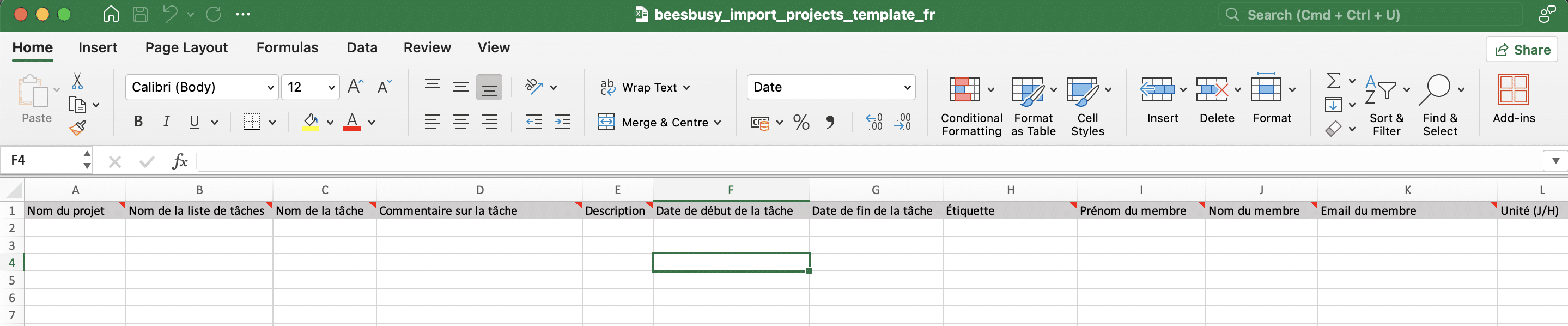 Colonnes avec les données du template excel de création de projet