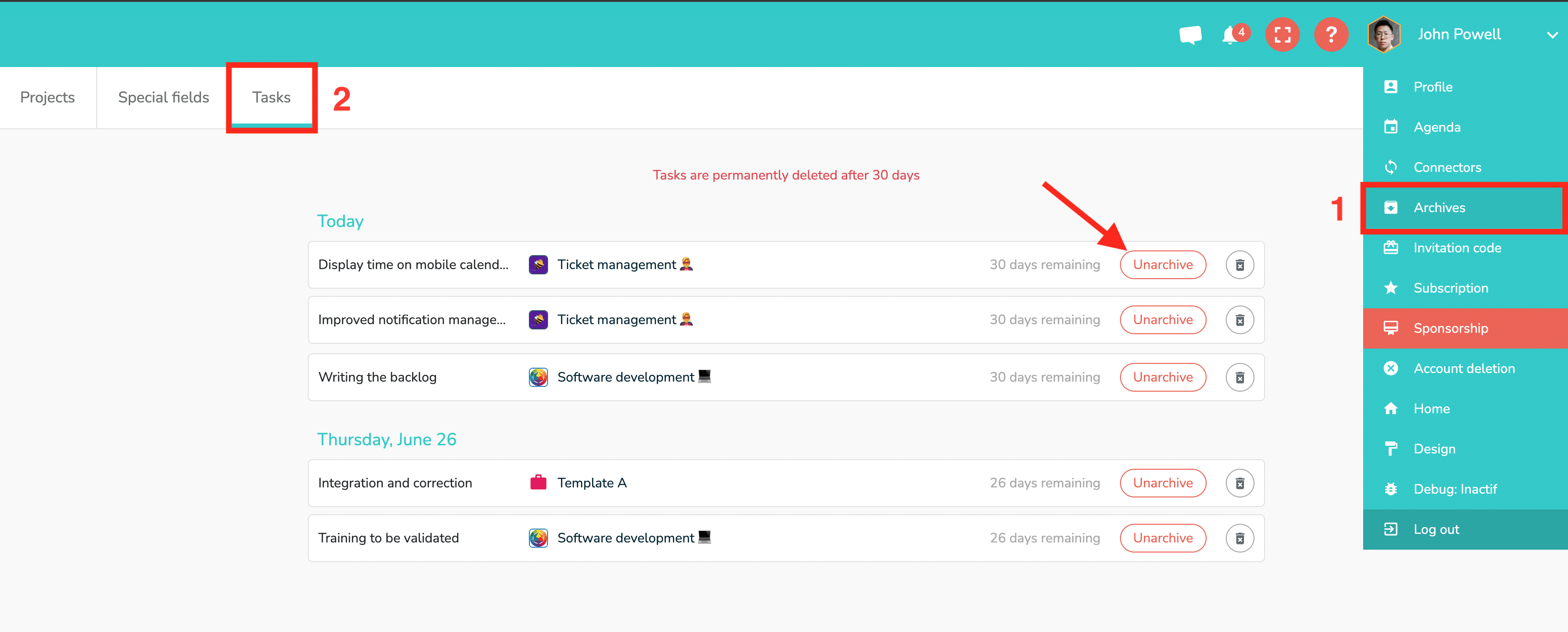 How to unarchive tasks