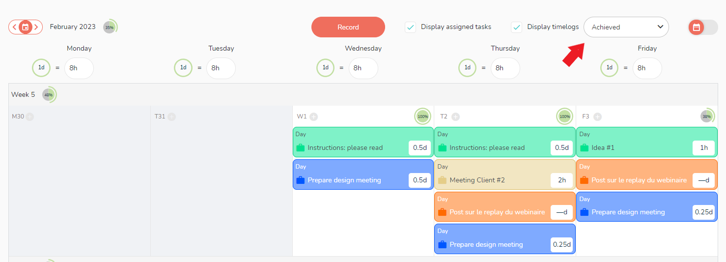 View of completed times in a user's agenda