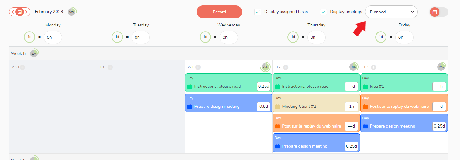 View of the planned times of a user's agenda