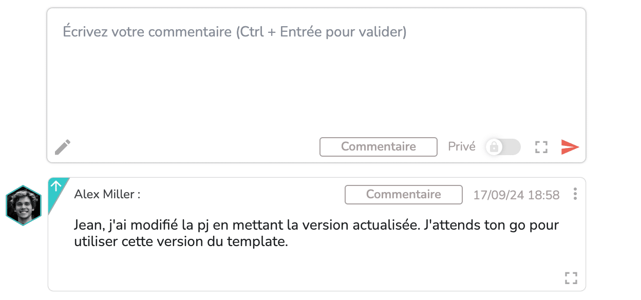Zone de saisie de commentaire par défaut dans une tâche