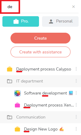 Result of a project search in the projects list