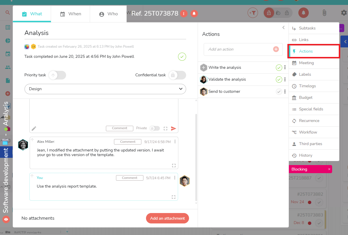 Open the actions panel to add actions to the task