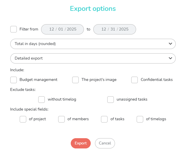 Windows displaying the options for Excel export of a project's tasks