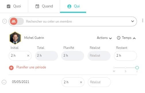 Onglet Qui détail de tâche pour planification heures de travail