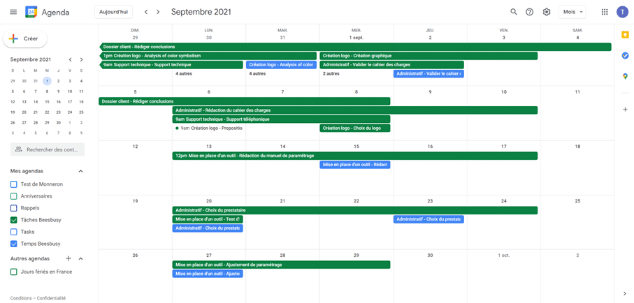 Vues des tâches et temps intégrés au Google Agenda