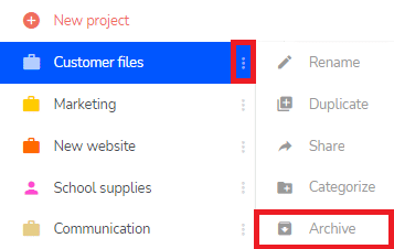 Project's drop-down menu