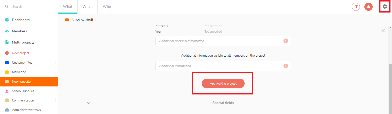 Archiving feature in the parameters of the project