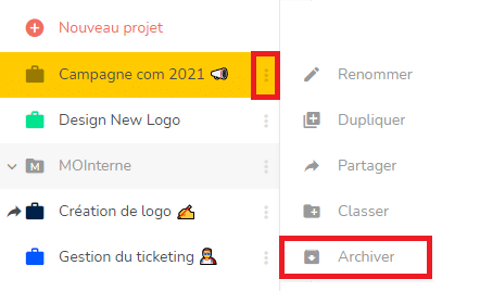 Menu déroulant du projet