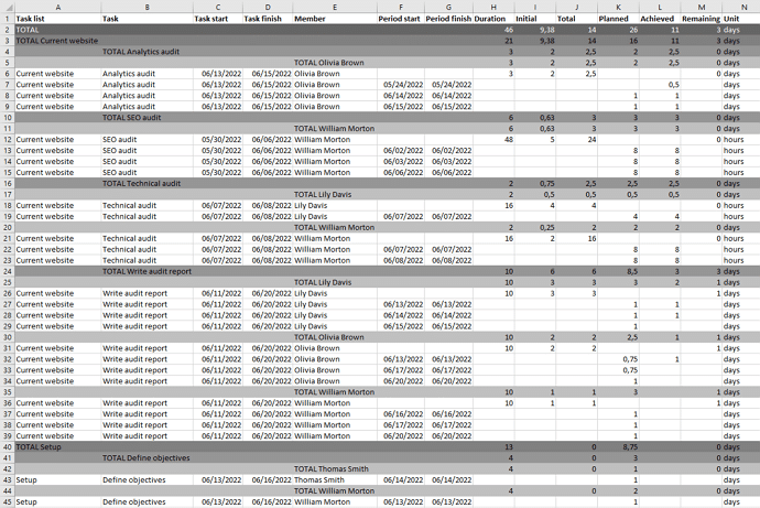 Export timelogs in Excel