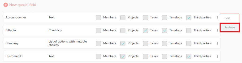 Drop down menu on the right of the special field to edit or archive it