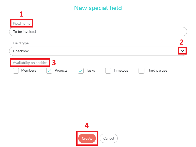 Pop up for the creation of a new special field