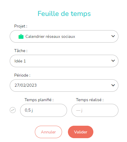 Feuille pour ajouter un temps à l'agenda