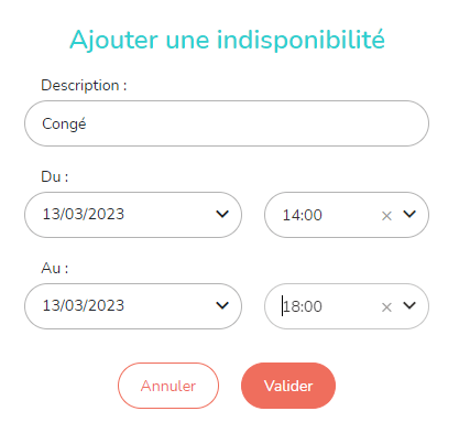 Feuille pour ajouter une indisponibilité à l'agenda